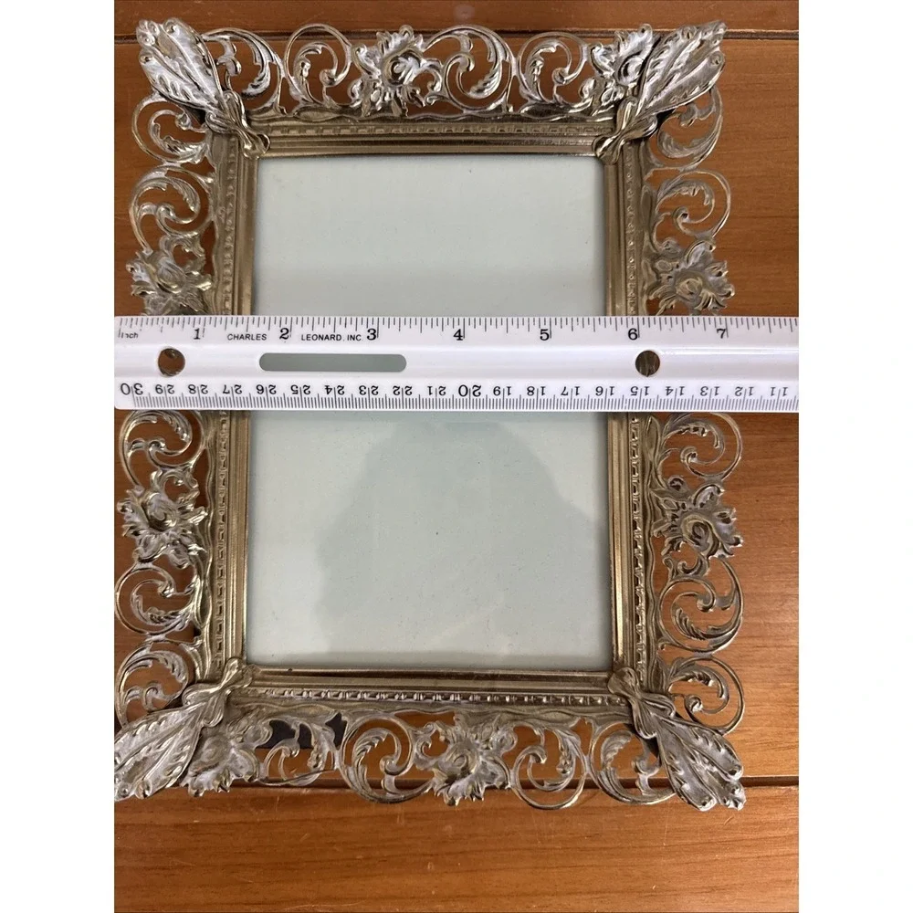 VTG Filigree Picture Photo Frame 5x7 Inch Brass Gold White Metal Ornate Standing